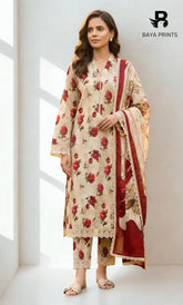 3 Piece Unstitched Printed Doria Linen Suit - BA-V3-008