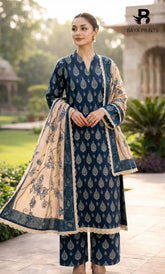 3 Piece Unstitched Printed Doria Linen Suit - BA-V3-003