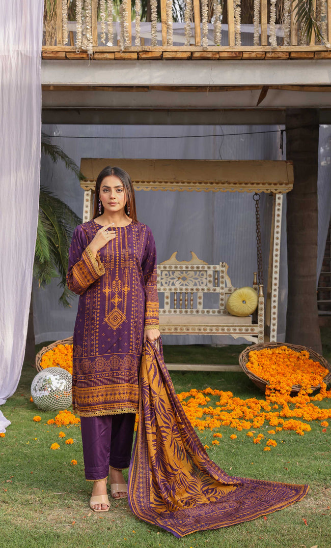 3 Piece Unstitched Printed Dobby Lawn Suit -BA-V19-09 Hover Image