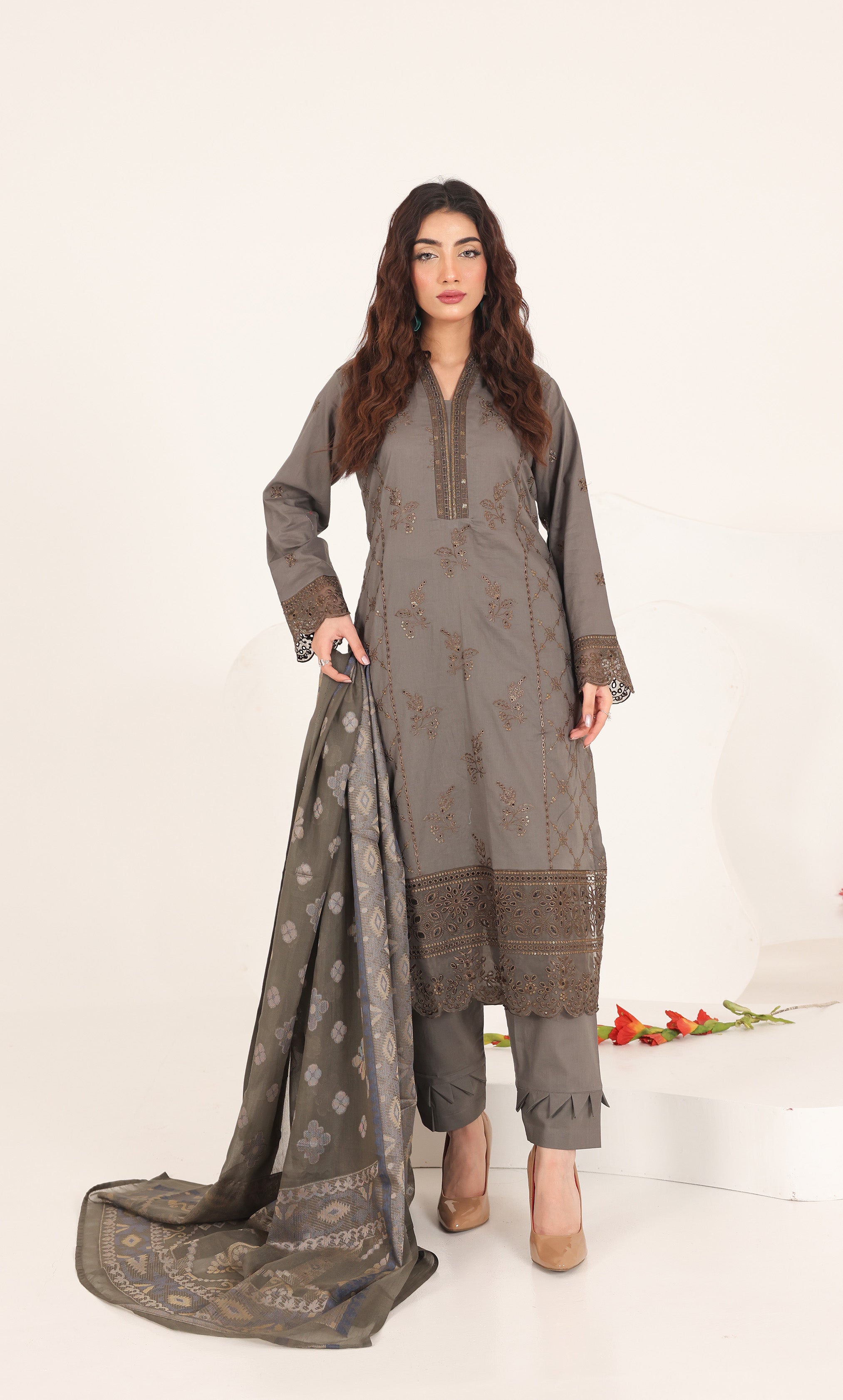 3PC Luxury Embroidered Unstitched Lawn Suit - ZED-03
