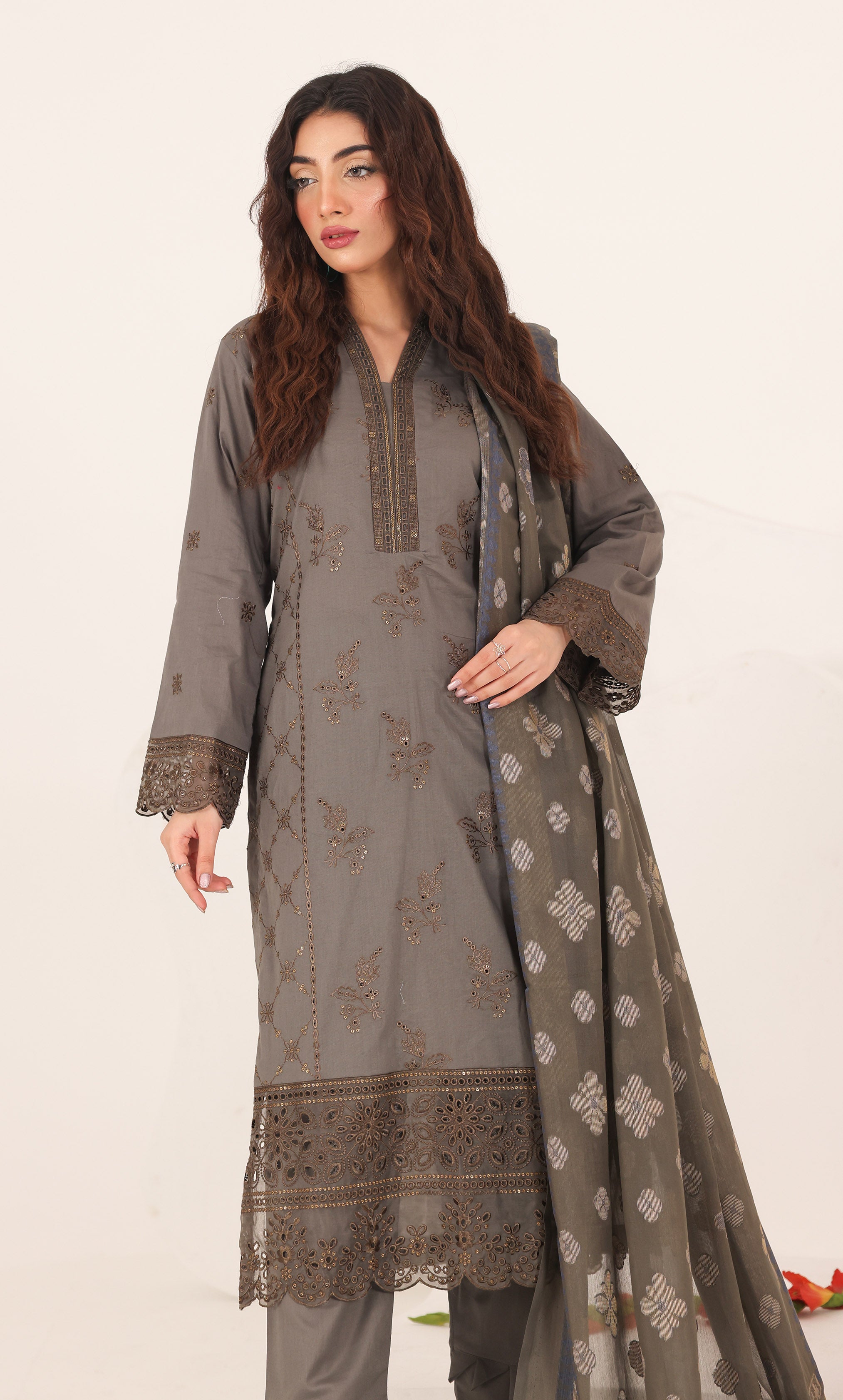 3PC Luxury Embroidered Unstitched Lawn Suit - ZED-03