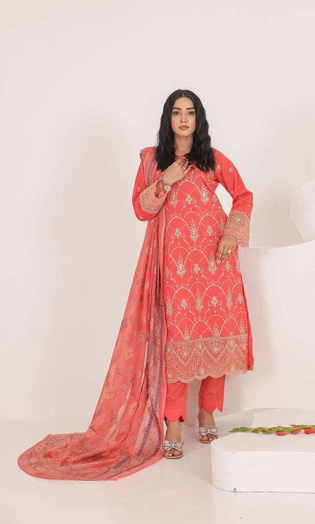 3PC Luxury Embroidered Unstitched Lawn Suit - ZED-06 Hover Image