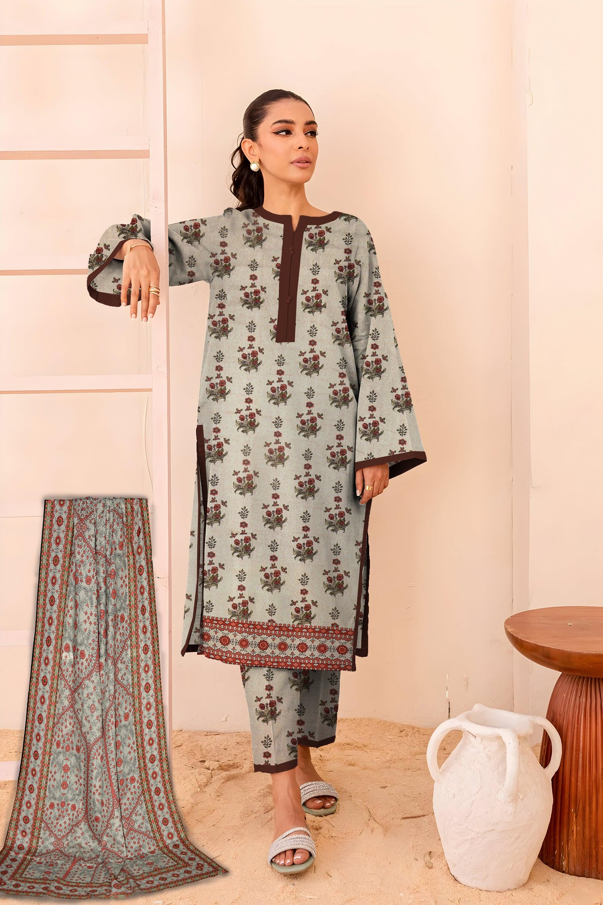 3 Piece Unstitched Karandi Suit -V10- 03