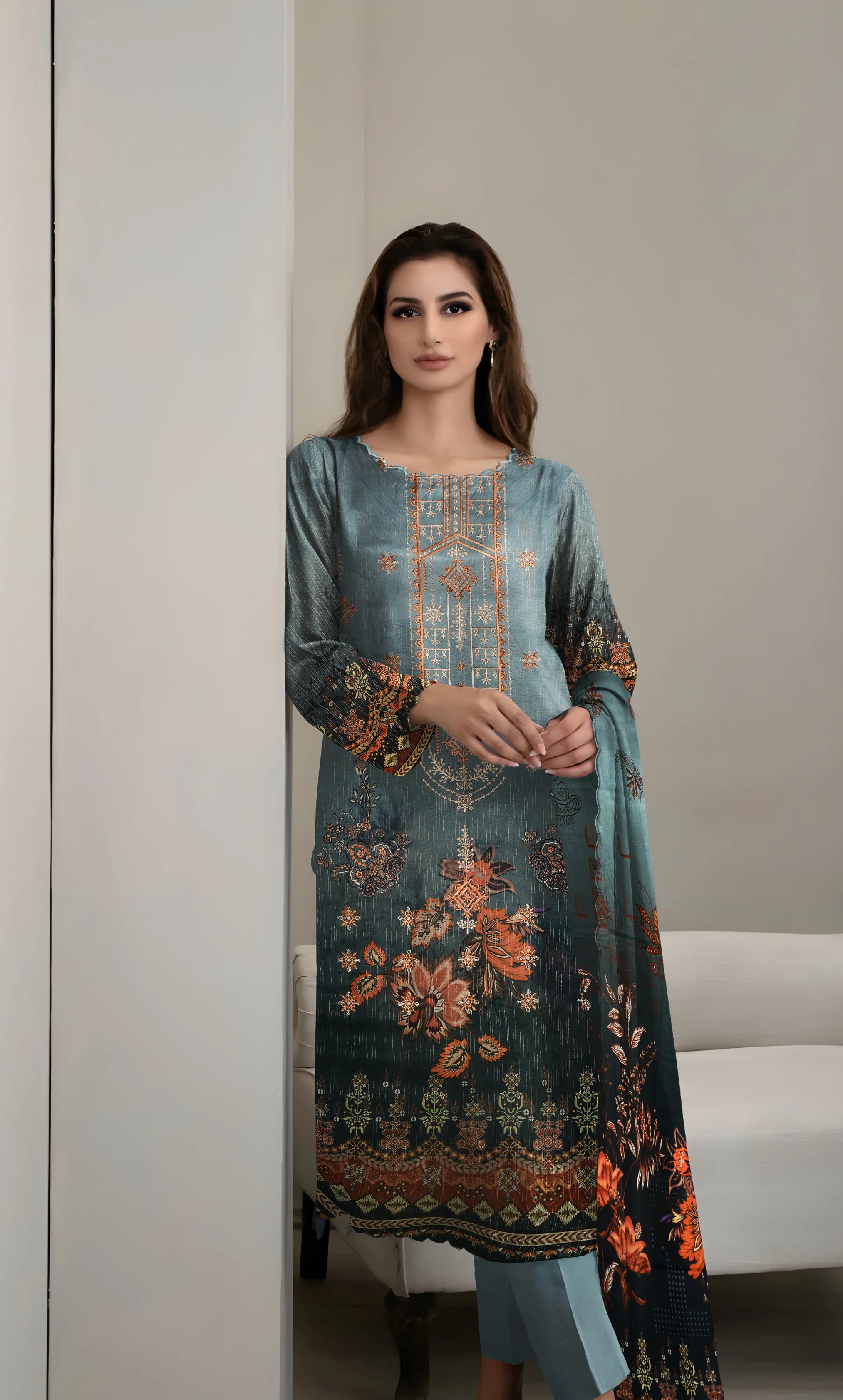 3PC Embroidered Banarsi Unstitched Lawn Suit - NA-V3-01