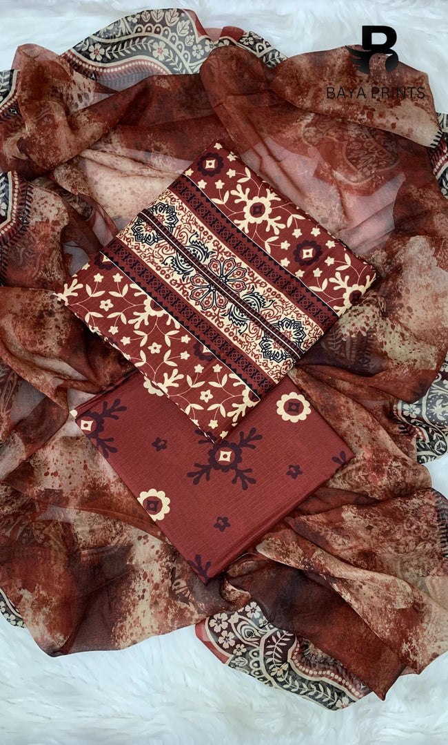 3 Piece Unstitched Printed Doria Viscose Suit with Bamber Dupatta BA-V7-019 Hover Image