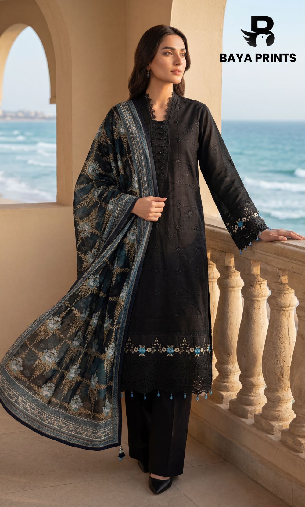 3-Piece Unstitched Luxury Embroidered Lawn Suit - Black