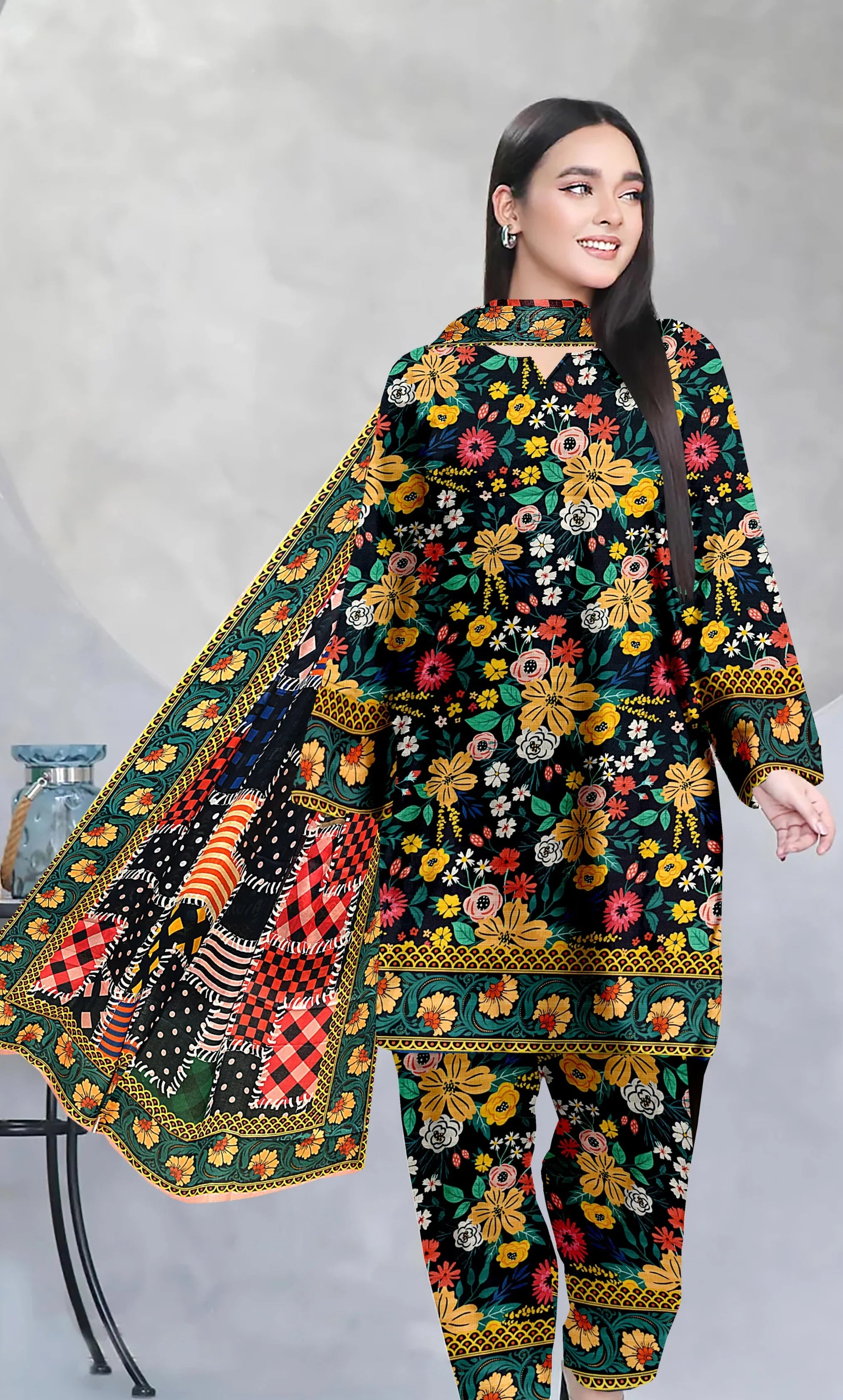3 Piece Unstitched Printed  Dobby Lawn Suit -BA-V17-06