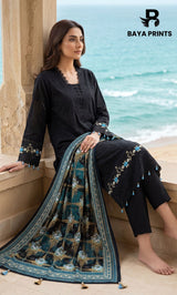 3-Piece Unstitched Luxury Embroidered Lawn Suit - Black