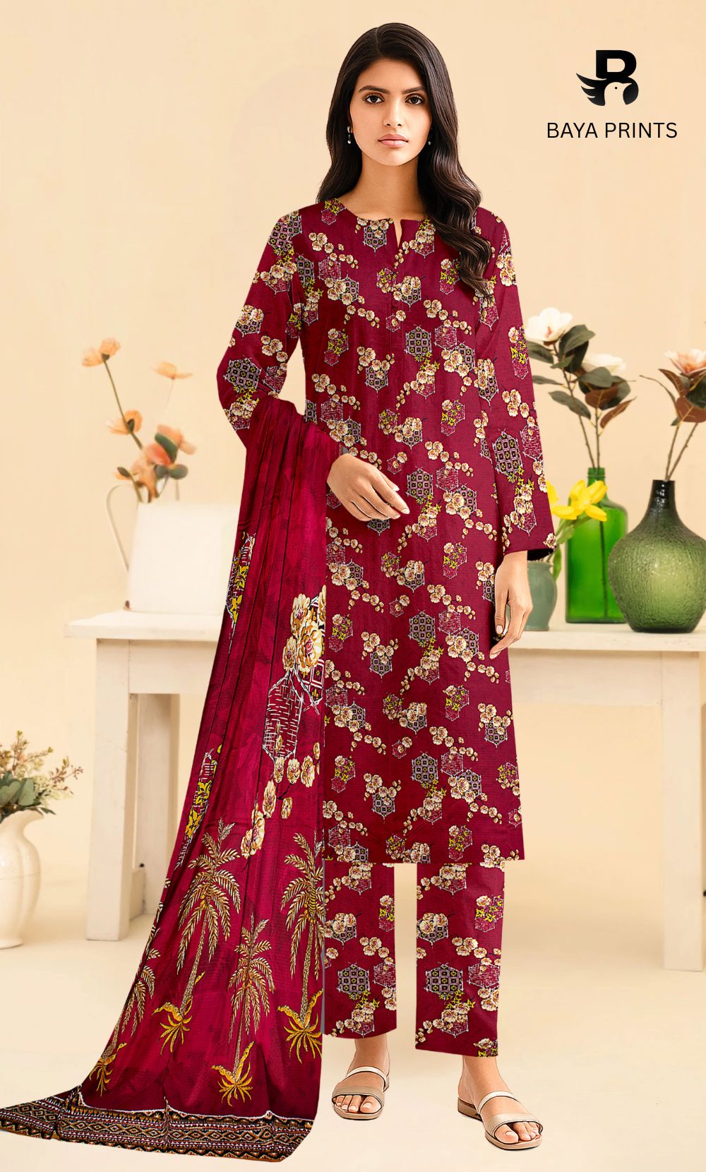 3 Piece Unstitched Printed Doria Linen  Suit  - BA-V4