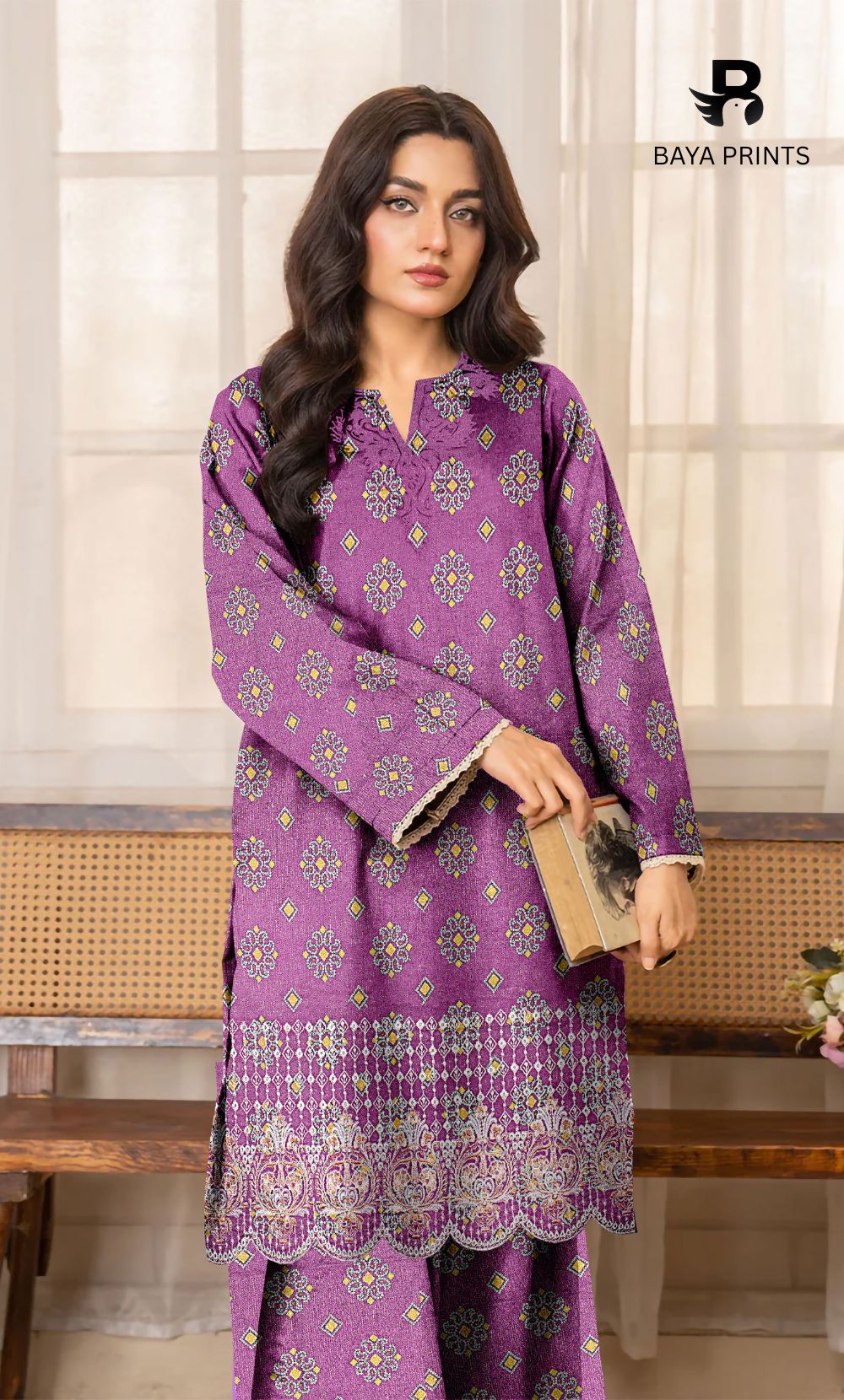 2-Piece Unstitched Dhanak Printed Suit with Embroidered Border-DE-V1-22