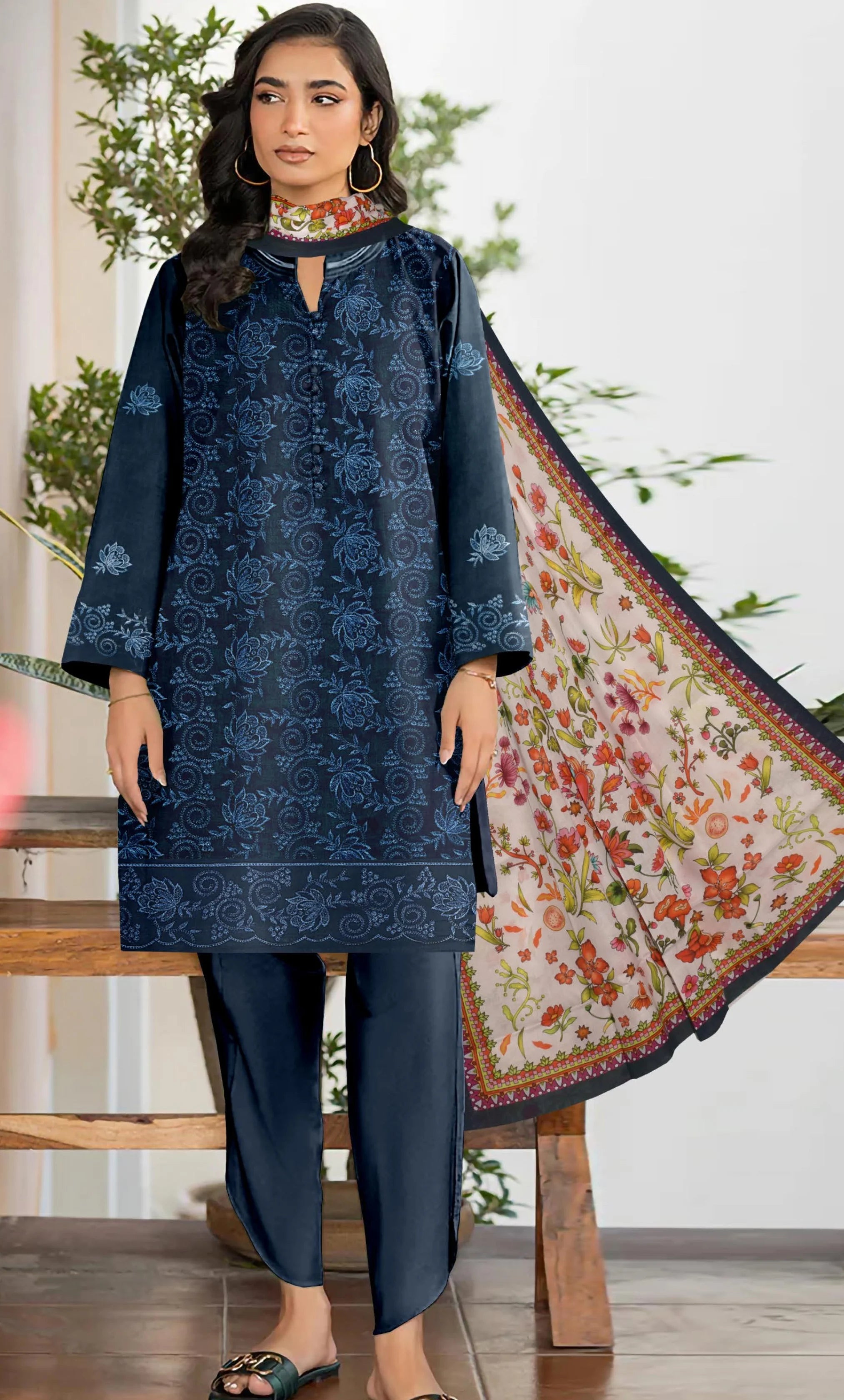 3PC Luxury Embroidered Unstitched Lawn Suit - ZED-V3-06