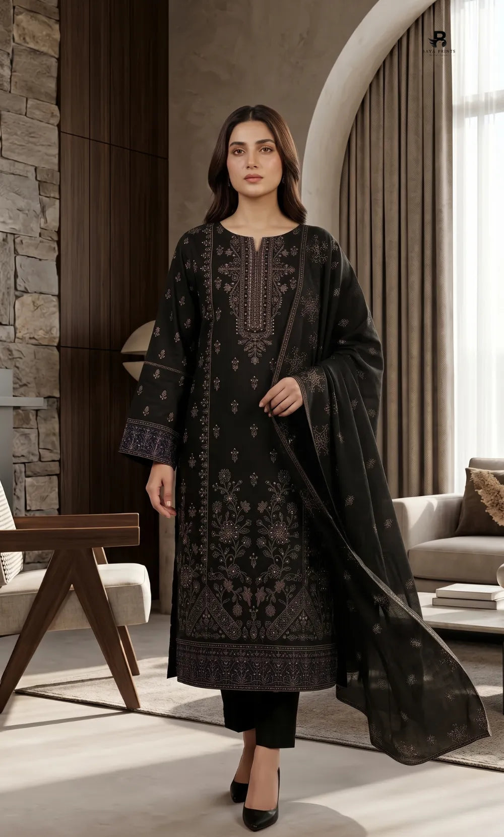3PC Premium Embroidered Dhanak | Unstitched | AABROO