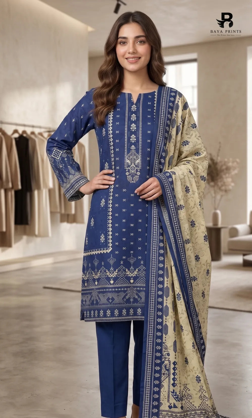3PC Printed Linen | Unstitched | BA-V2-08