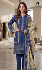 3PC Printed Linen | Unstitched | BA-V2-08