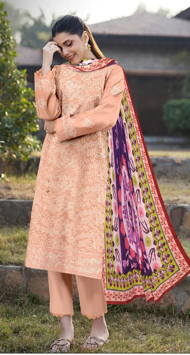3PC Luxury Embroidered Unstitched Lawn Suit - ZED-V3-07 Hover Image