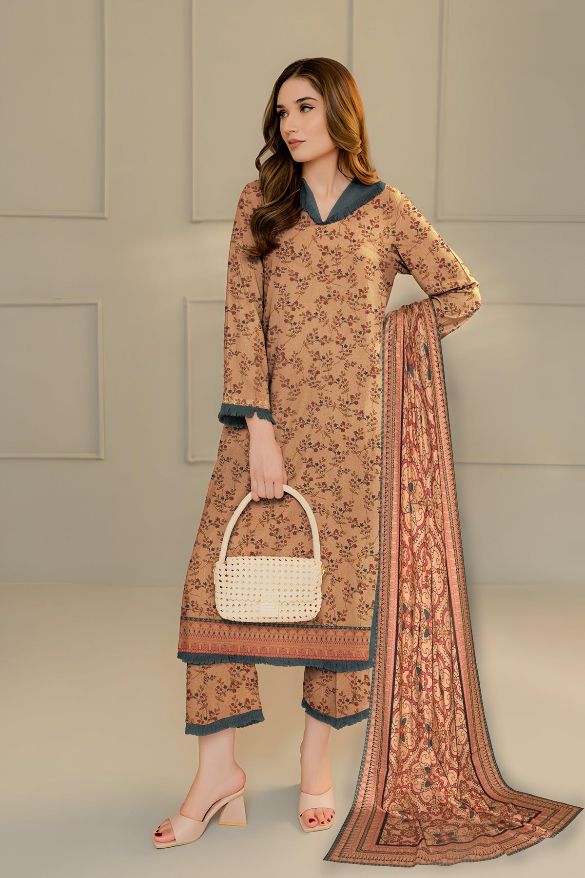 3 Piece Unstitched Karandi Suit -V10- 05