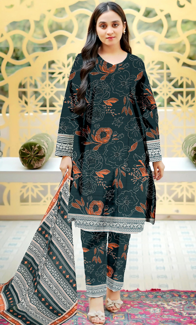 3 Piece Unstitched Printed  Dobby Lawn Suit -BA-V17-10 Hover Image