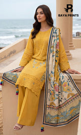 3-Piece Unstitched Luxury Embroidered Lawn Suit - Mustard