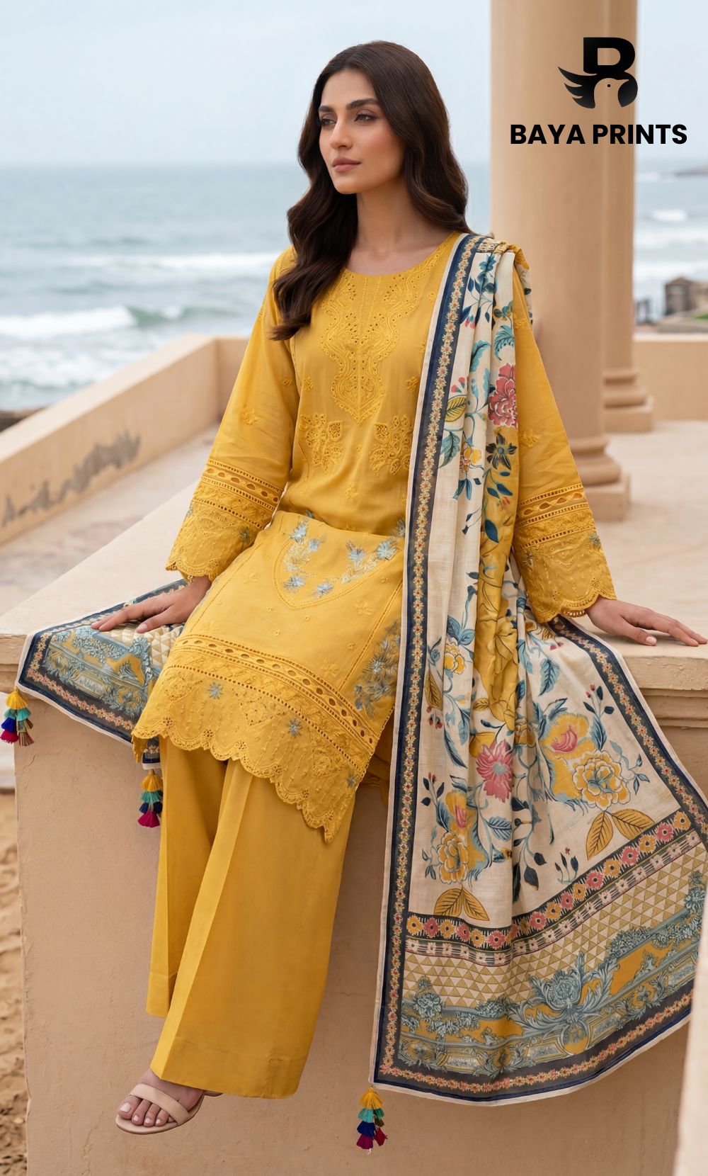 3-Piece Unstitched Luxury Embroidered Lawn Suit - Mustard