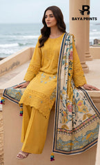 3-Piece Unstitched Luxury Embroidered Lawn Suit - Mustard