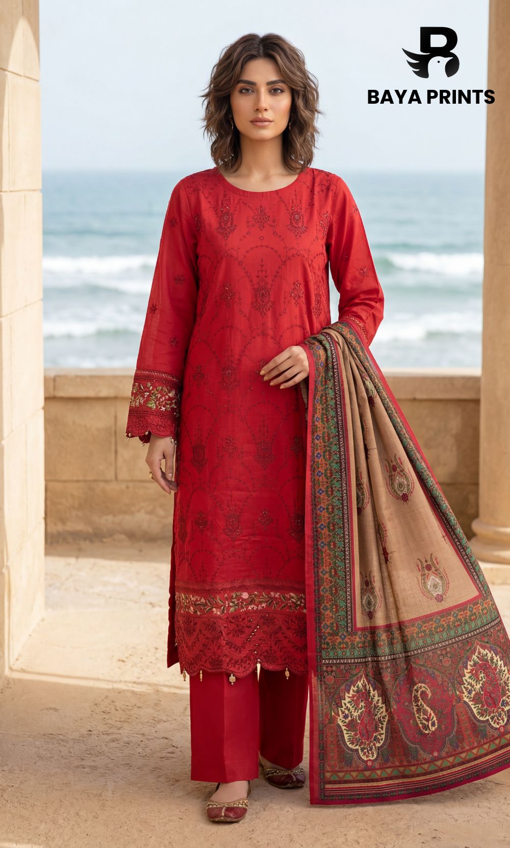 3-Piece Unstitched Luxury Embroidered Lawn Suit - RED