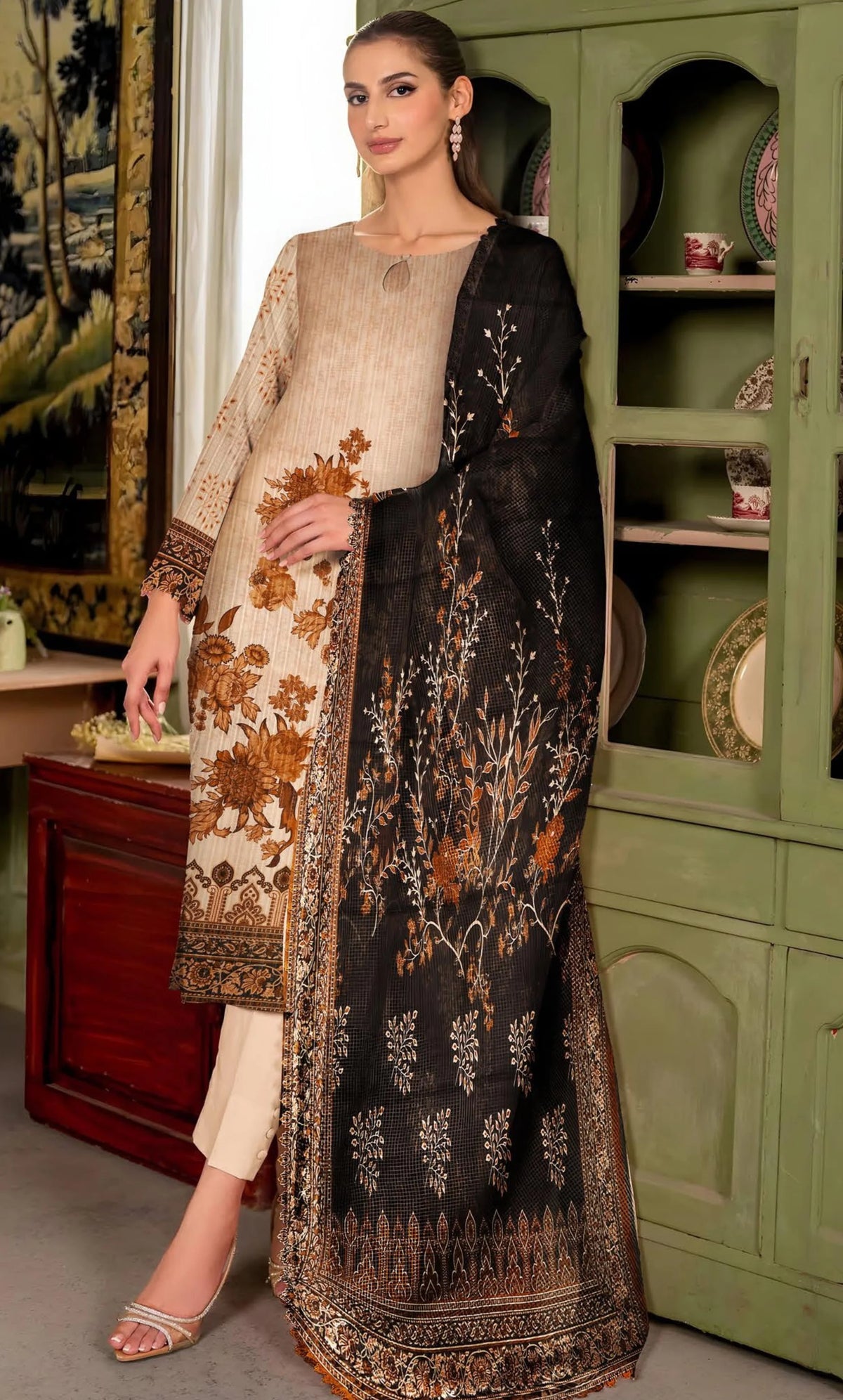 3PC Unstitched Printed Nino Kara  Lawn Suit – DE-V4-01
