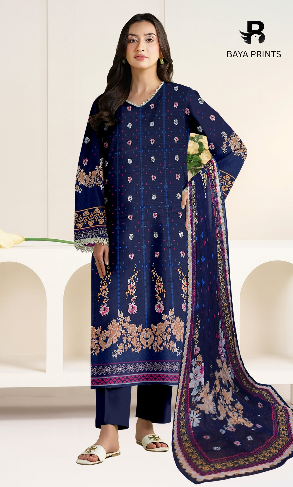 3 Piece Unstitched Printed Viscose Suit With Bamber Chiffon Dupatta - BA-V1-006