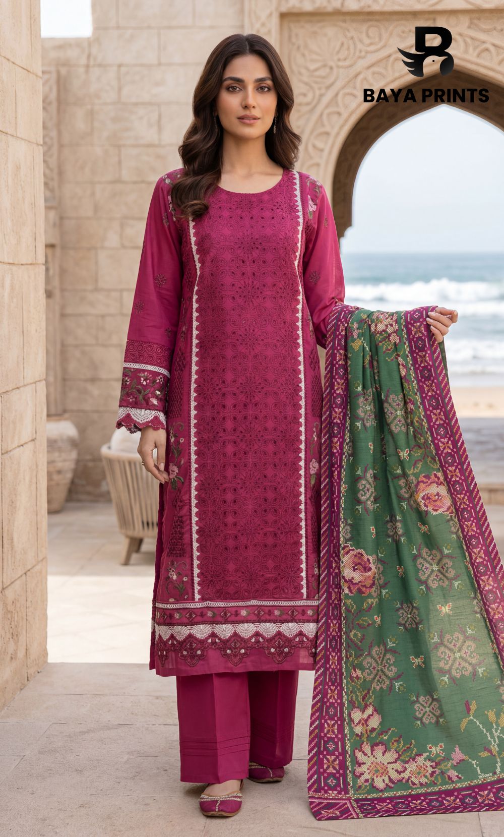 3-Piece Unstitched Luxury Embroidered Lawn Suit - Rich Maroon