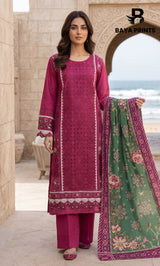 3-Piece Unstitched Luxury Embroidered Lawn Suit - Rich Maroon