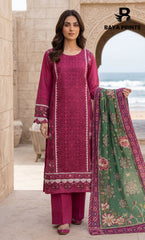 3-Piece Unstitched Luxury Embroidered Lawn Suit - Rich Maroon