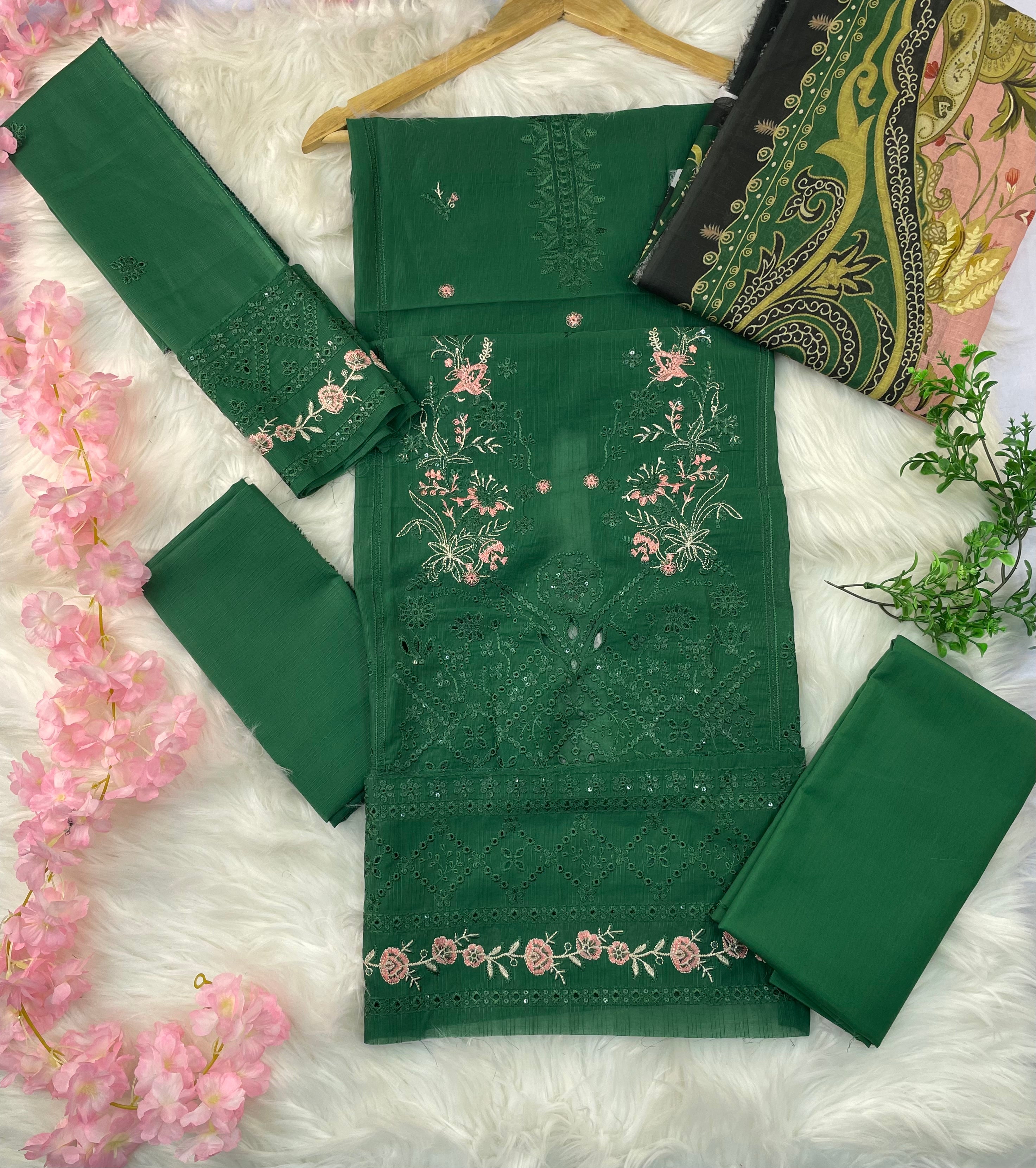 3-Piece Unstitched Luxury Embroidered Lawn Suit - Mineral Green