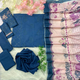 3-Piece Unstitched Luxury Embroidered Lawn Suit - Light Navy Blue