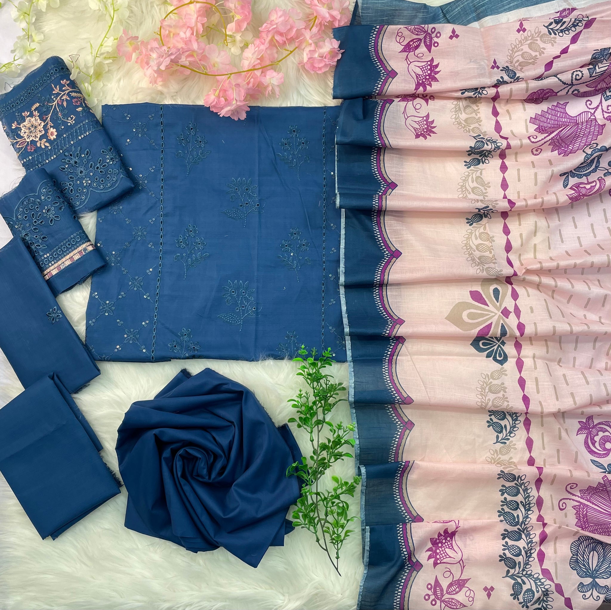 3-Piece Unstitched Luxury Embroidered Lawn Suit - Light Navy Blue