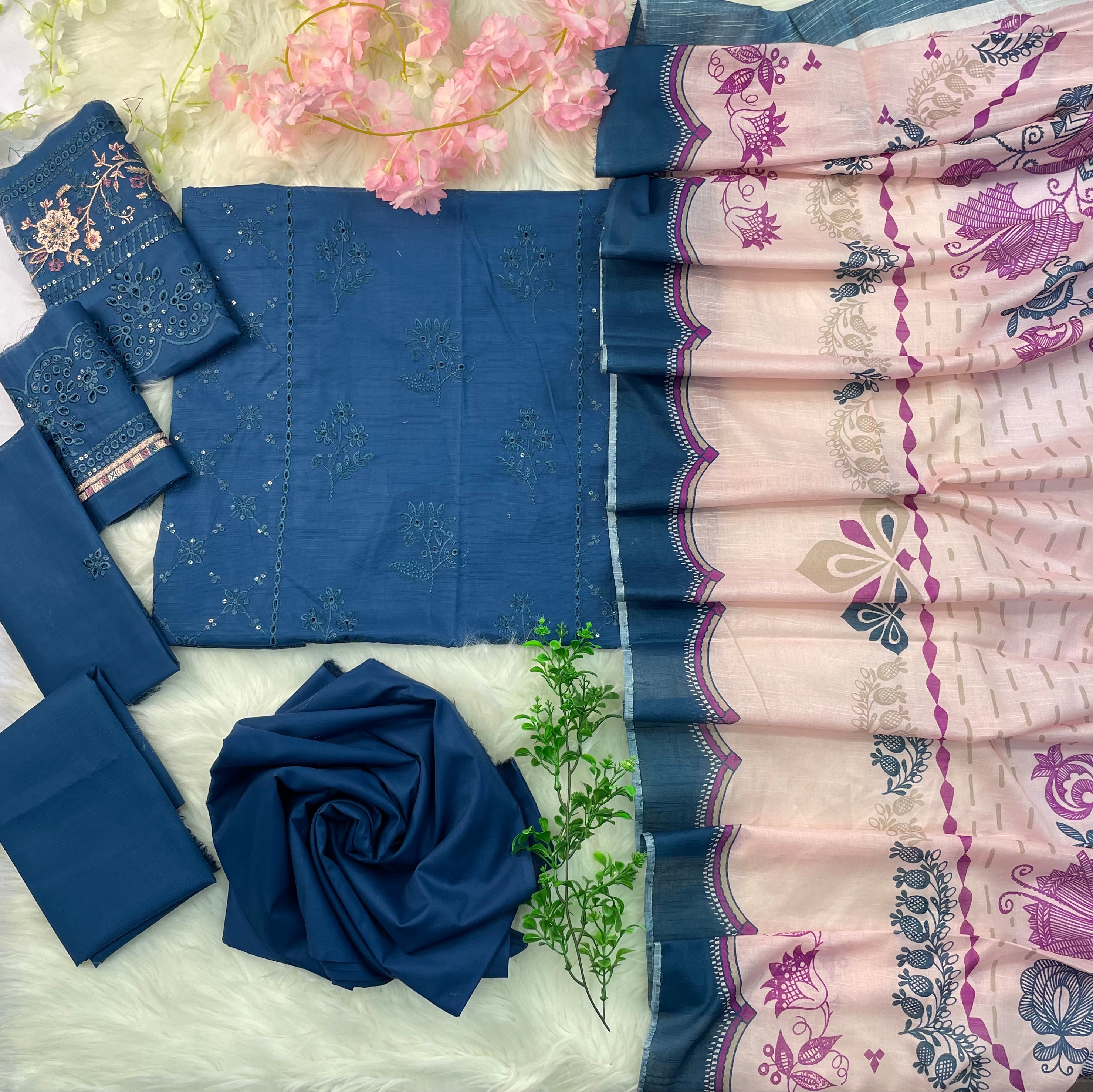 3-Piece Unstitched Luxury Embroidered Lawn Suit - Light Navy Blue