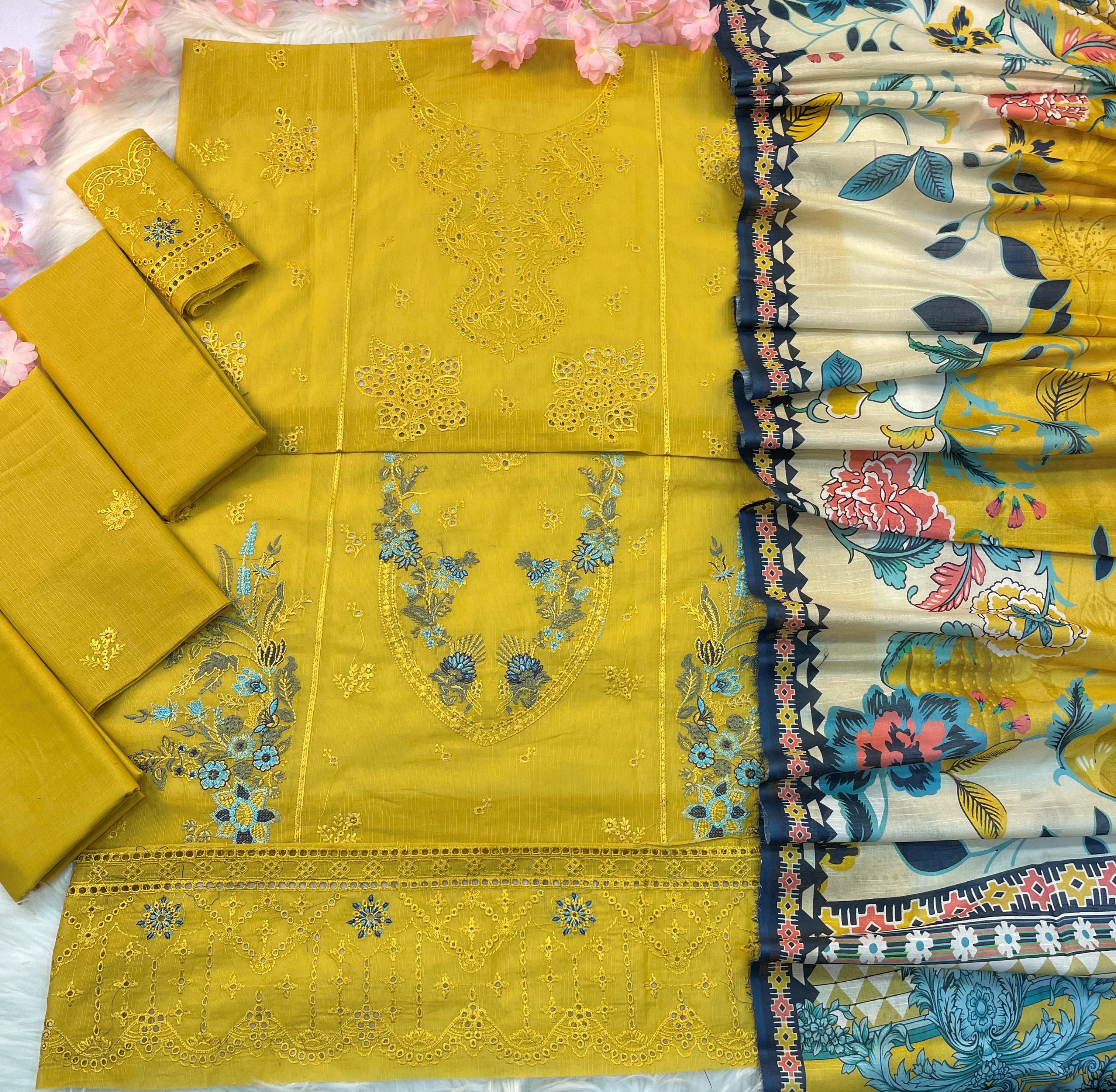 3-Piece Unstitched Luxury Embroidered Lawn Suit - Mustard