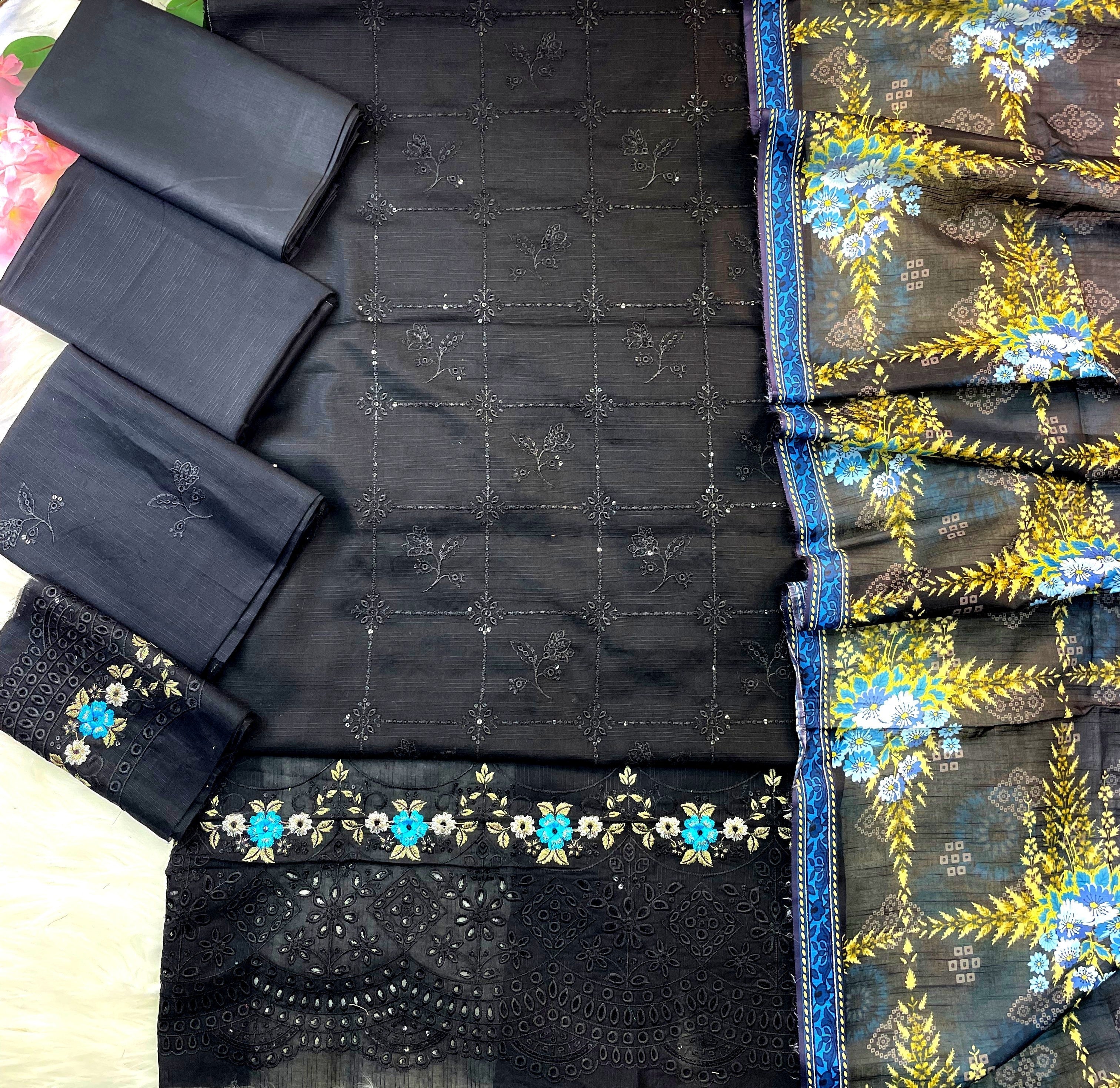 3-Piece Unstitched Luxury Embroidered Lawn Suit - Black