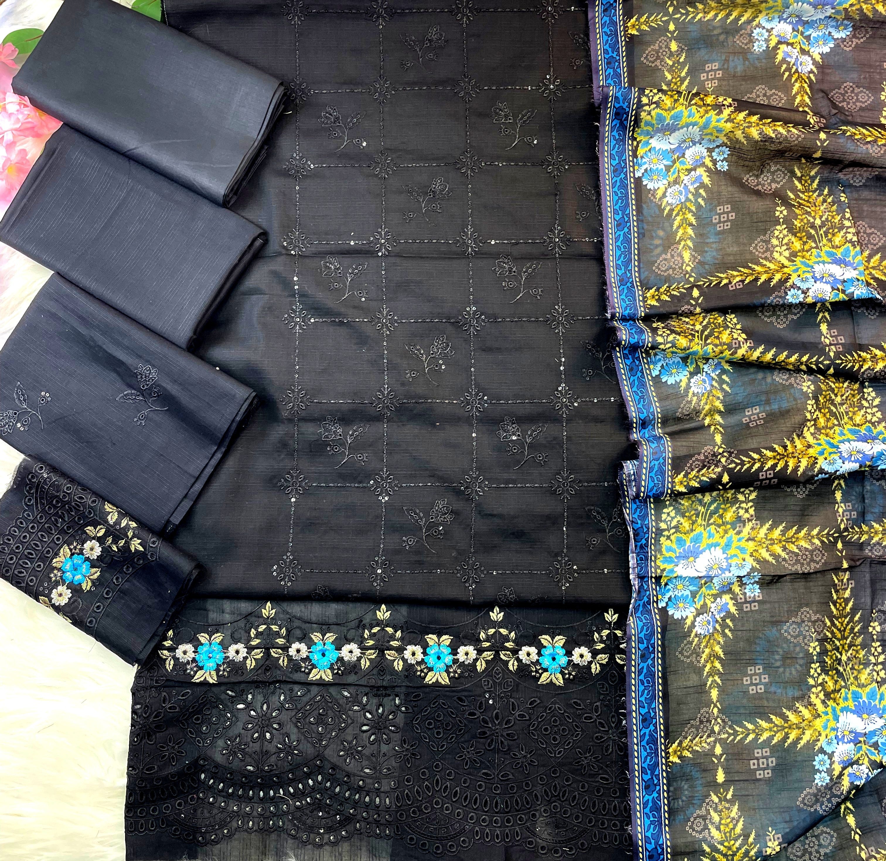 3-Piece Unstitched Luxury Embroidered Lawn Suit - Black