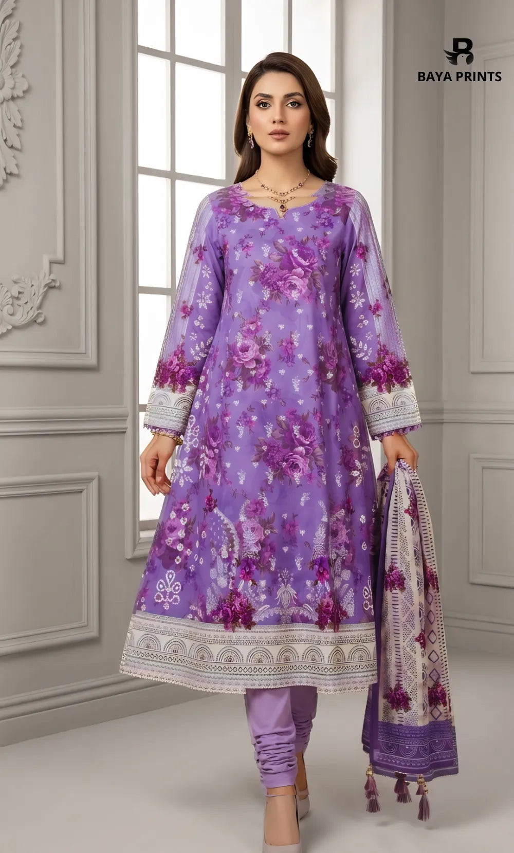 3PC Printed Lawn | Unstitched |  M.B