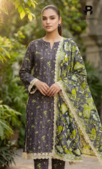 3 Piece Unstitched Printed Doria Linen  Suit  - BA-V4