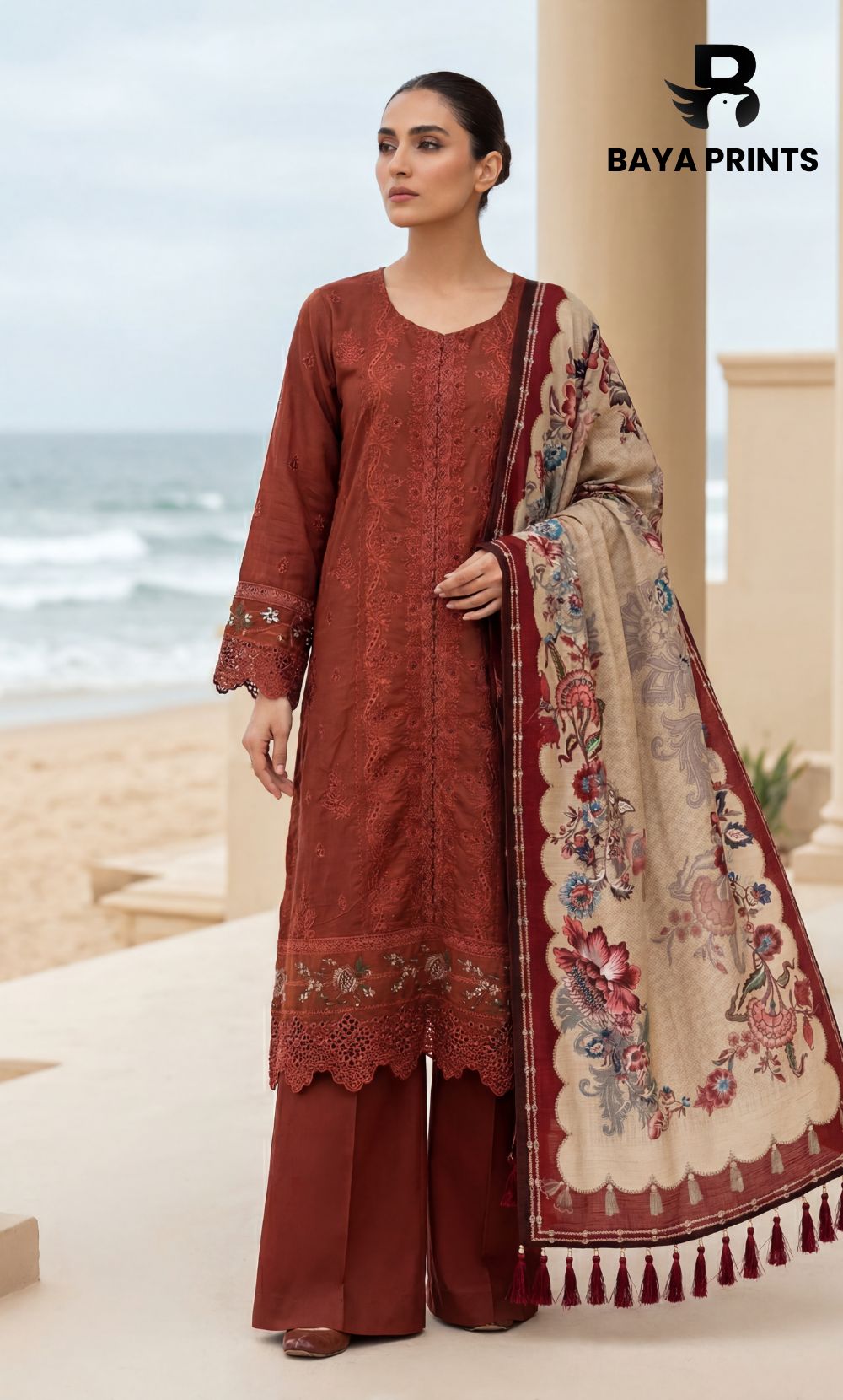 3-Piece Unstitched Luxury Embroidered Lawn Suit - Nutmeg