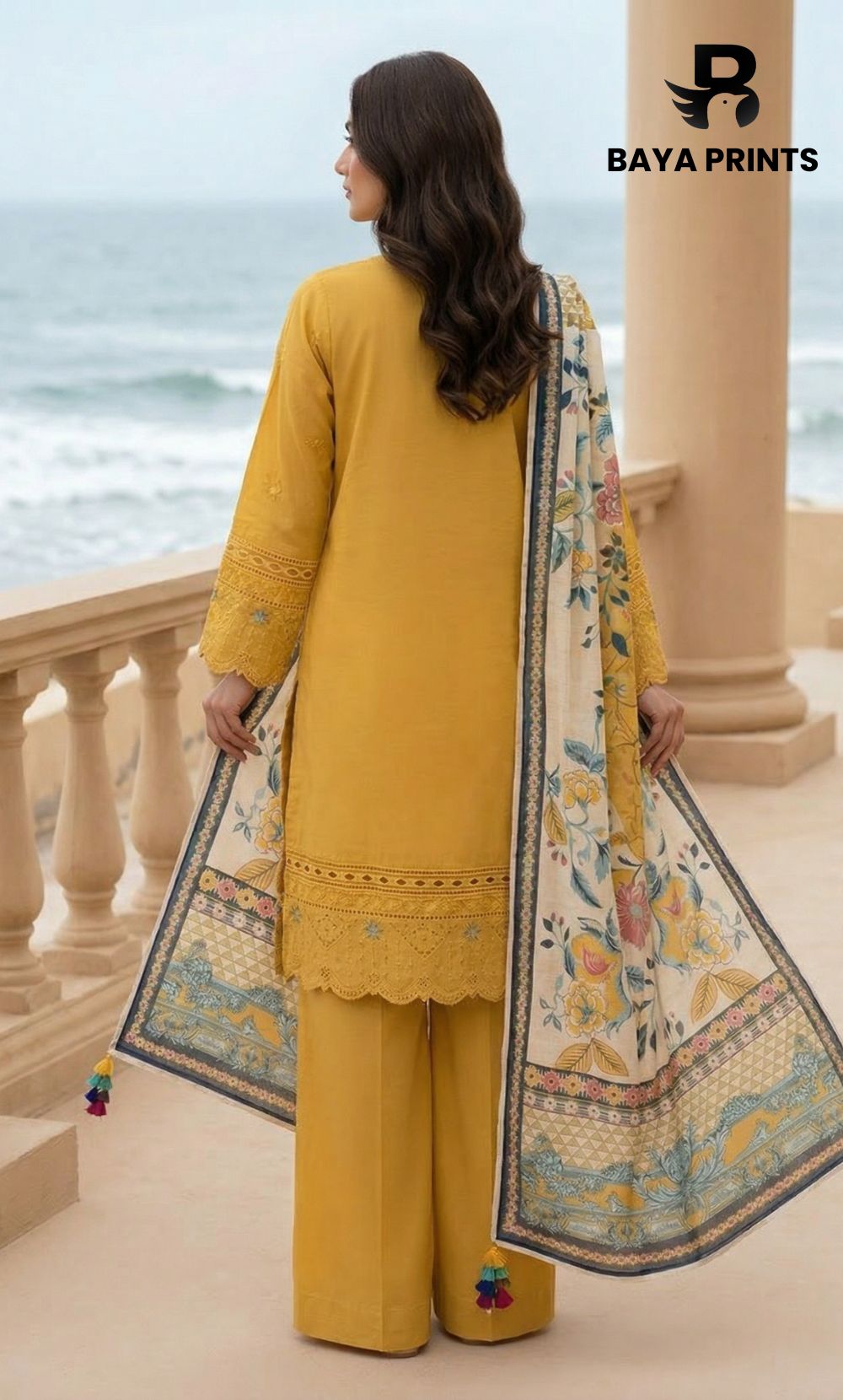 3-Piece Unstitched Luxury Embroidered Lawn Suit - Mustard