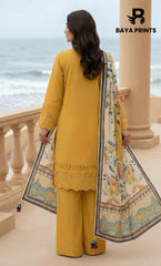 3-Piece Unstitched Luxury Embroidered Lawn Suit - Mustard