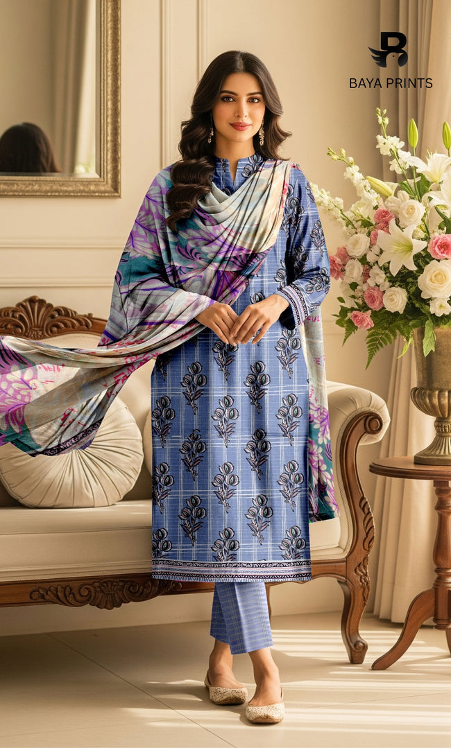 3 Piece Unstitched Printed Doria Viscose Suit with Bamber Dupatta BA-V7-023 Main Image