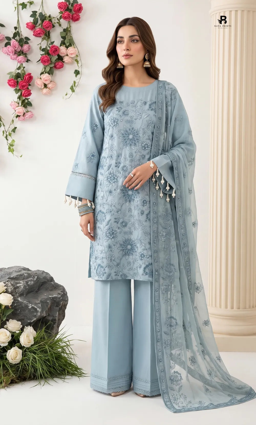 3PC Premium Embroidered Karandi | Unstitched | Nazakat - 01