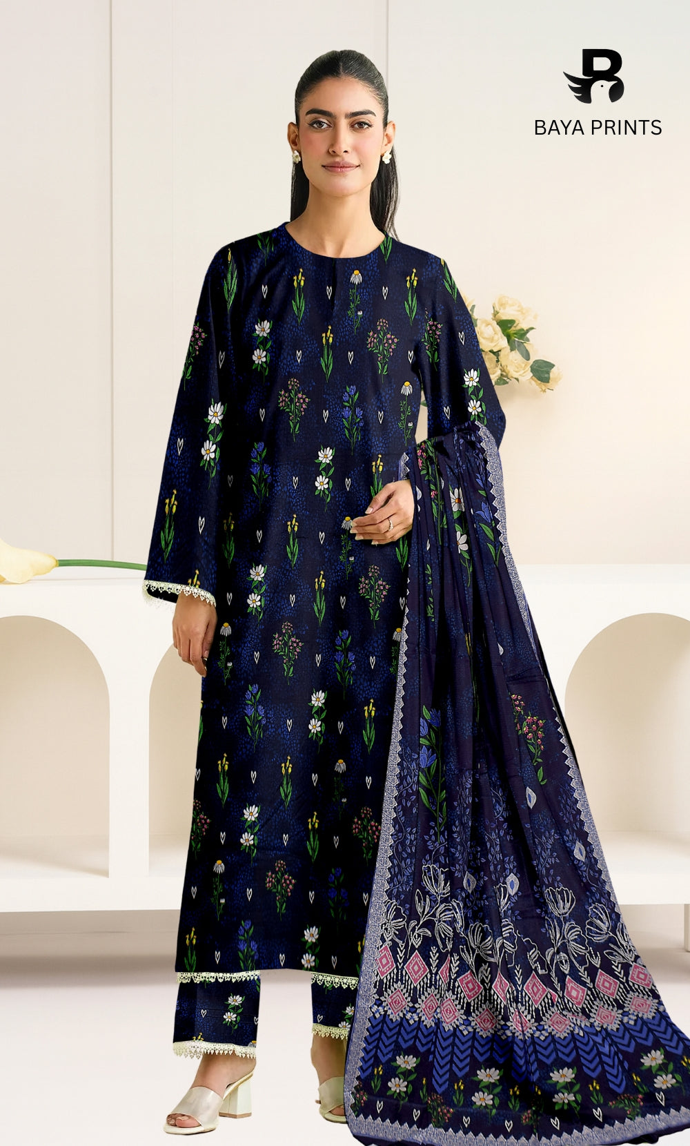 3 Piece Unstitched Printed Doria Linen  Suit  - BA-V3-006