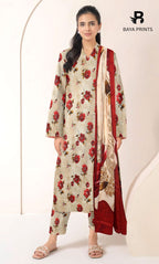 3 Piece Unstitched Printed Doria Linen  Suit  - BA-V3-008