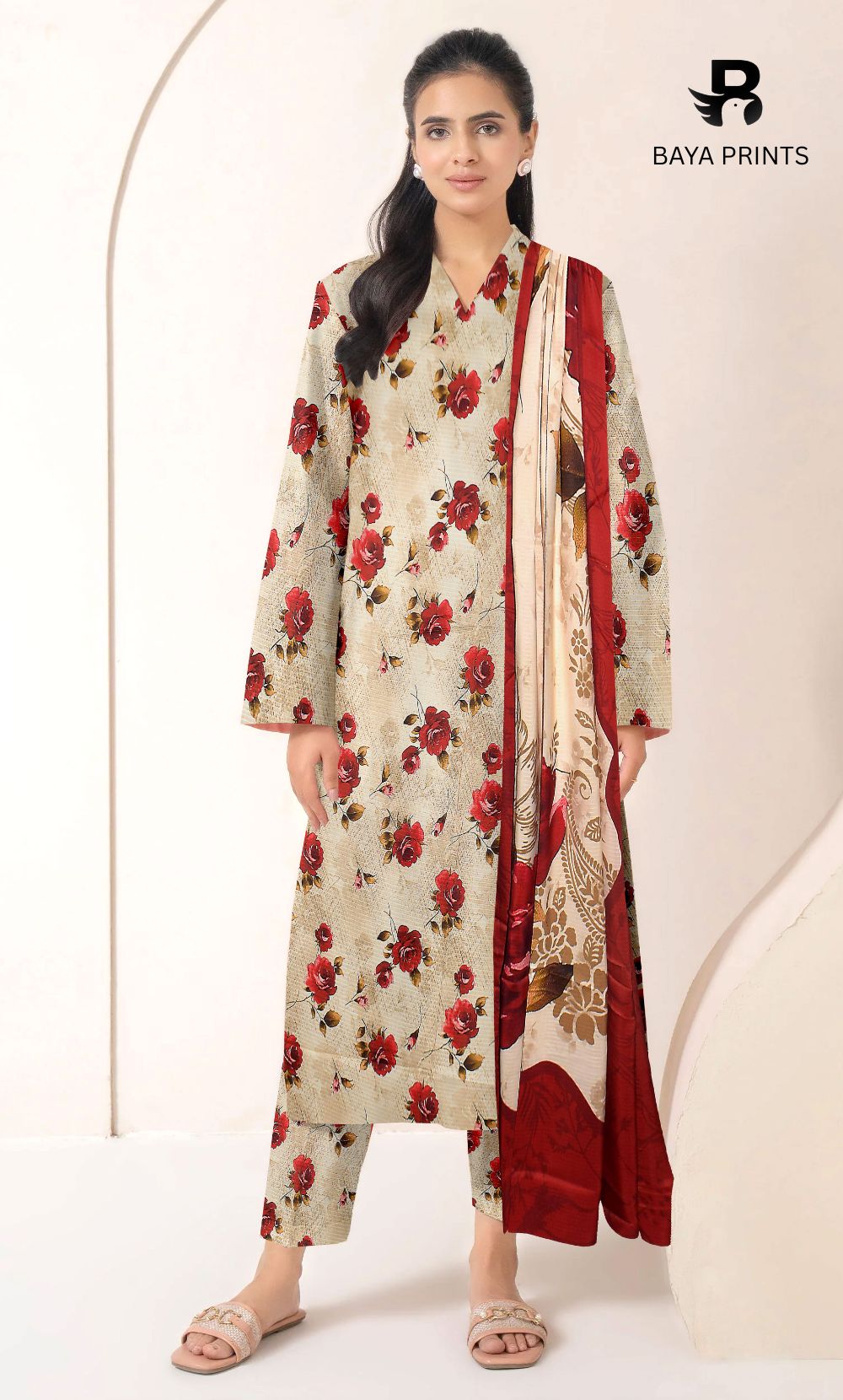 3 Piece Unstitched Printed Doria Linen  Suit  - BA-V3-008