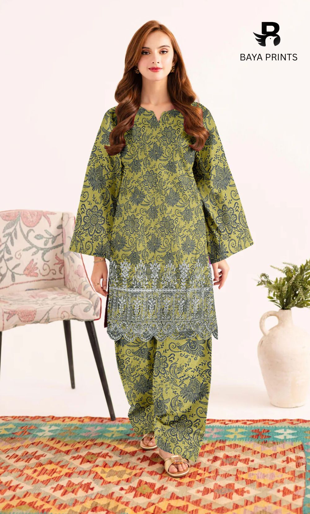 2-Piece Unstitched Dhanak Printed Suit with Embroidered Border-DE-V1-08