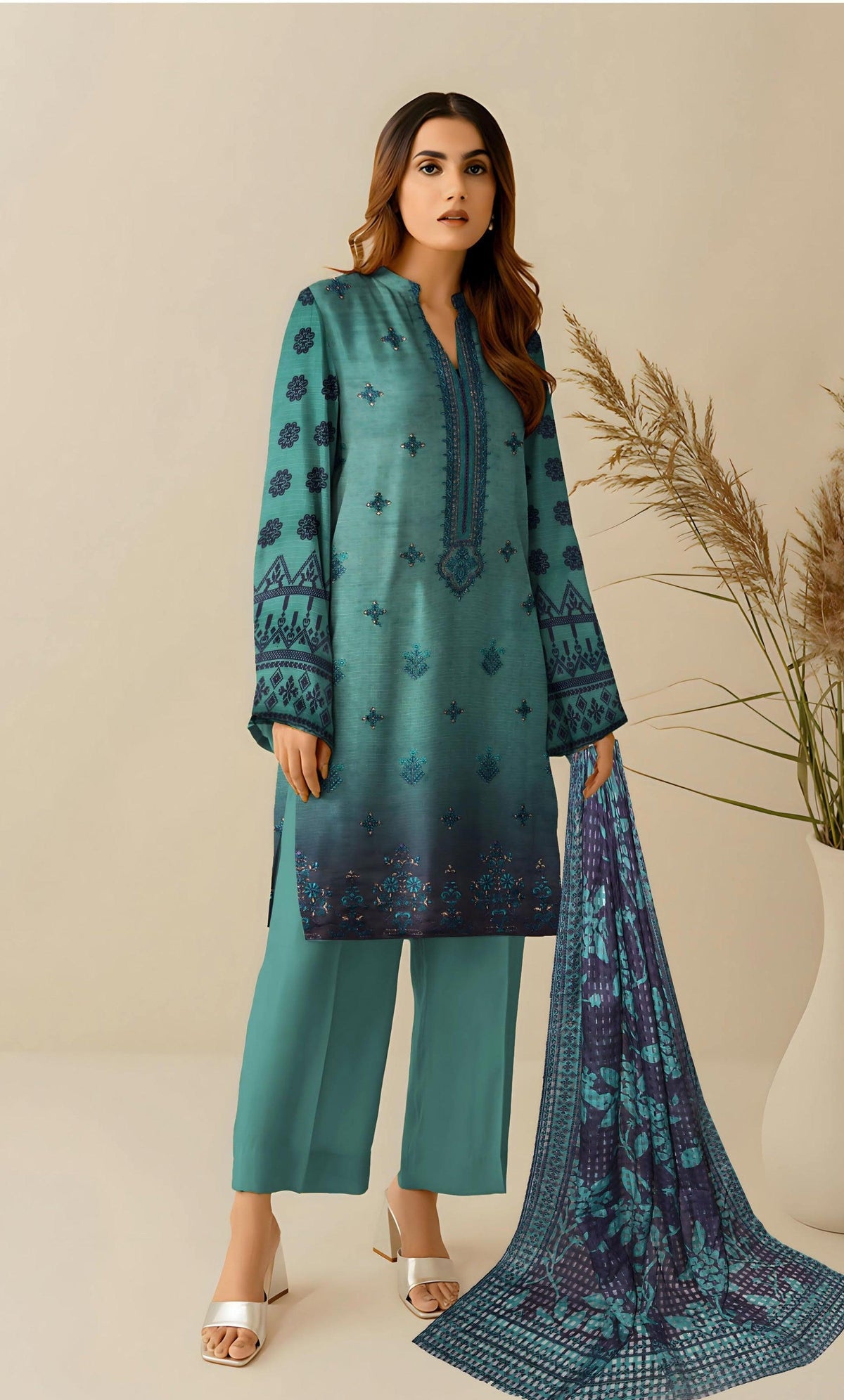 3PC Unstitched Embroidered Viscose Suit NA-02