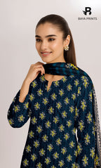 3 Piece Unstitched Printed Doria Linen  Suit  - BA-V4